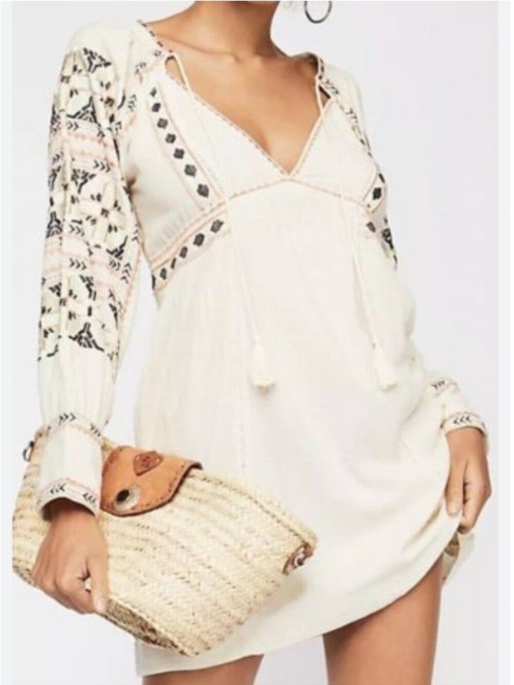 FREE PEOPLE ALL MY LIFE EMBROIDERED BOHO SMOCKED TUNIC DRESS Ivory Size S